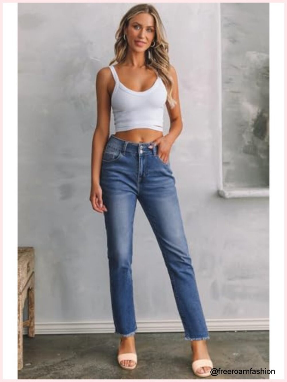High Waisted Raw Hem Straight Leg Stretchy Denim Jeans with Pockets - Picture 5 of 6